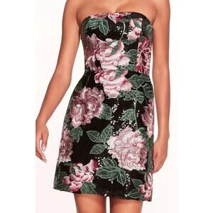 Marchesa Strapless Sequin Mini Dress Black Floral Pink Embroidered Back Zip Sz 6